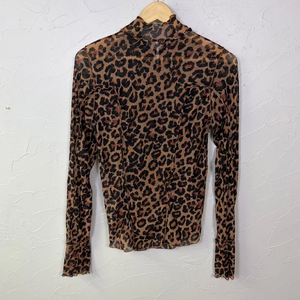 Free People Leopard Mesh Top Women L Sheer Mock Neck Ruffle Animal Print Indie
